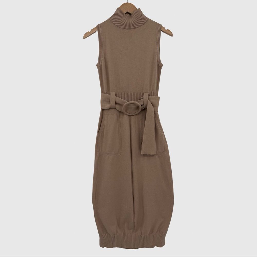 Moon River Sleeveless Turtleneck Belted Knit Midi Dress in Tan | Size Small